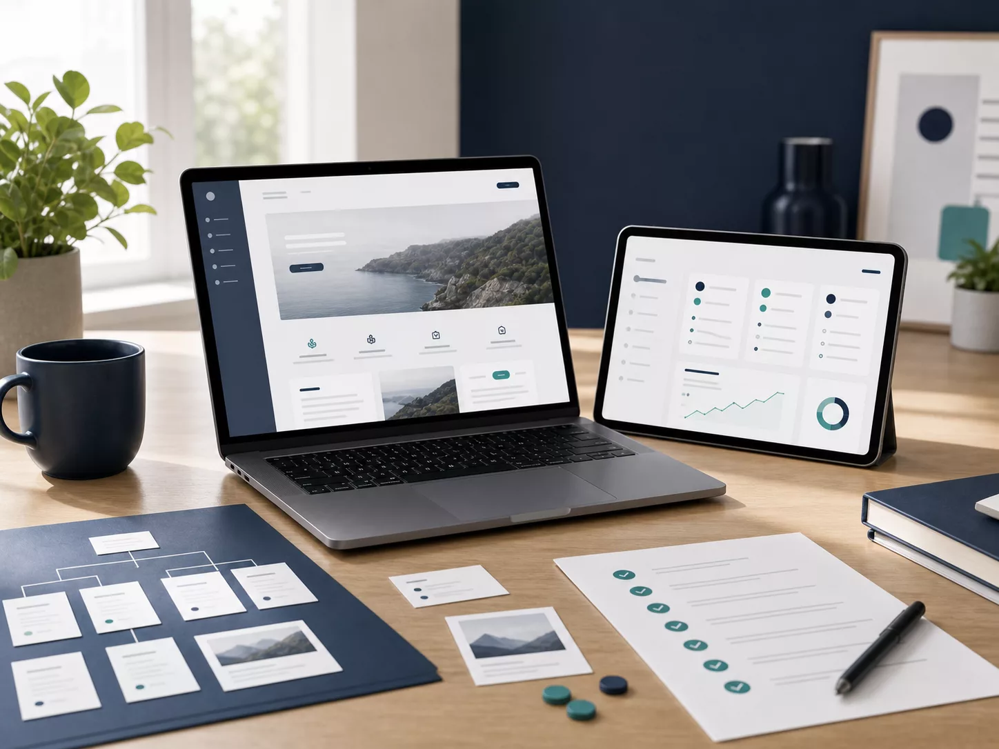 Arbetsyta med webbplatsstruktur, SEO-prioriteringar och uppföljning.