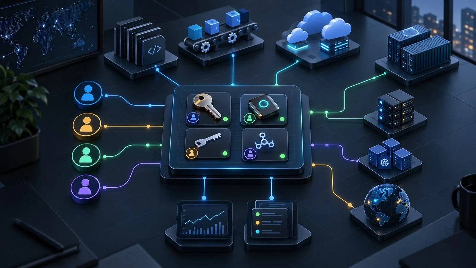 Illustration av en organiserad inventering där åtkomstnycklar, tokens och appintegrationer kopplas till tydliga ägare och system
